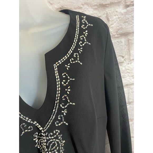 JR Nites By Caliendo Black Layered Tunic Top Silver Beads Asymmetrical Hemline 8 - Picture 8 of 10